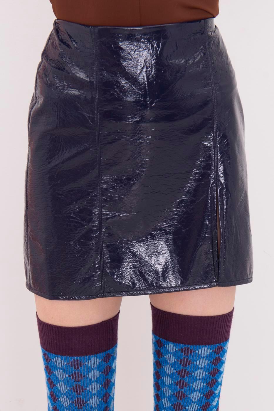 Patent Leather Mini Pencil Skirt With Slit ZEFASH