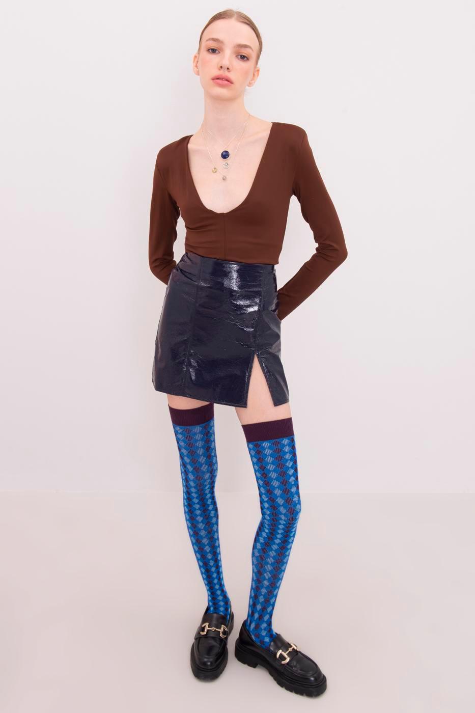 Patent Leather Mini Pencil Skirt With Slit ZEFASH