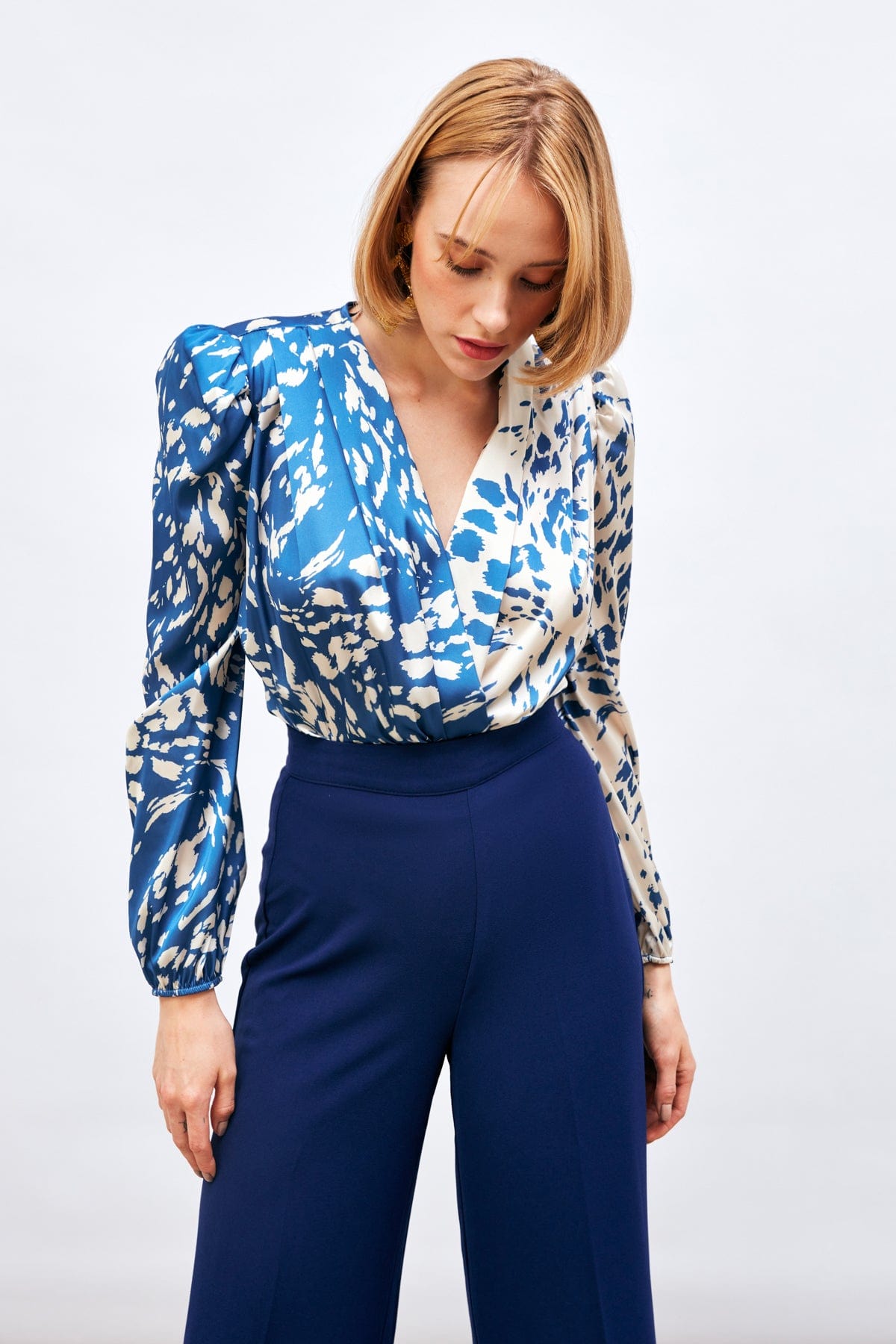 Patterned Double-breasted Bodysuit Blouse Blue / S / 4 ZEFASH