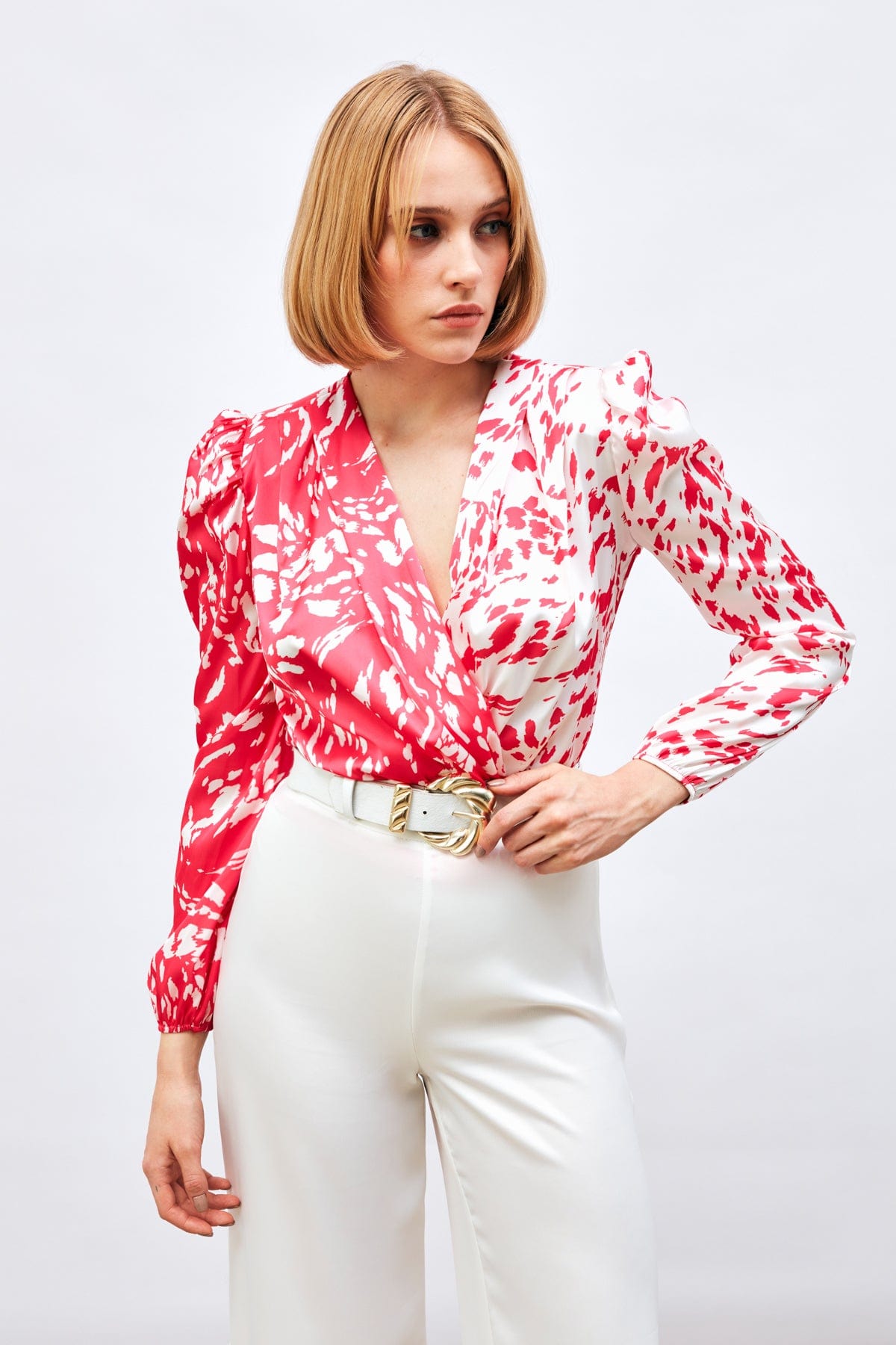 Patterned Double-breasted Bodysuit Blouse Fuchsia / M / 6 ZEFASH