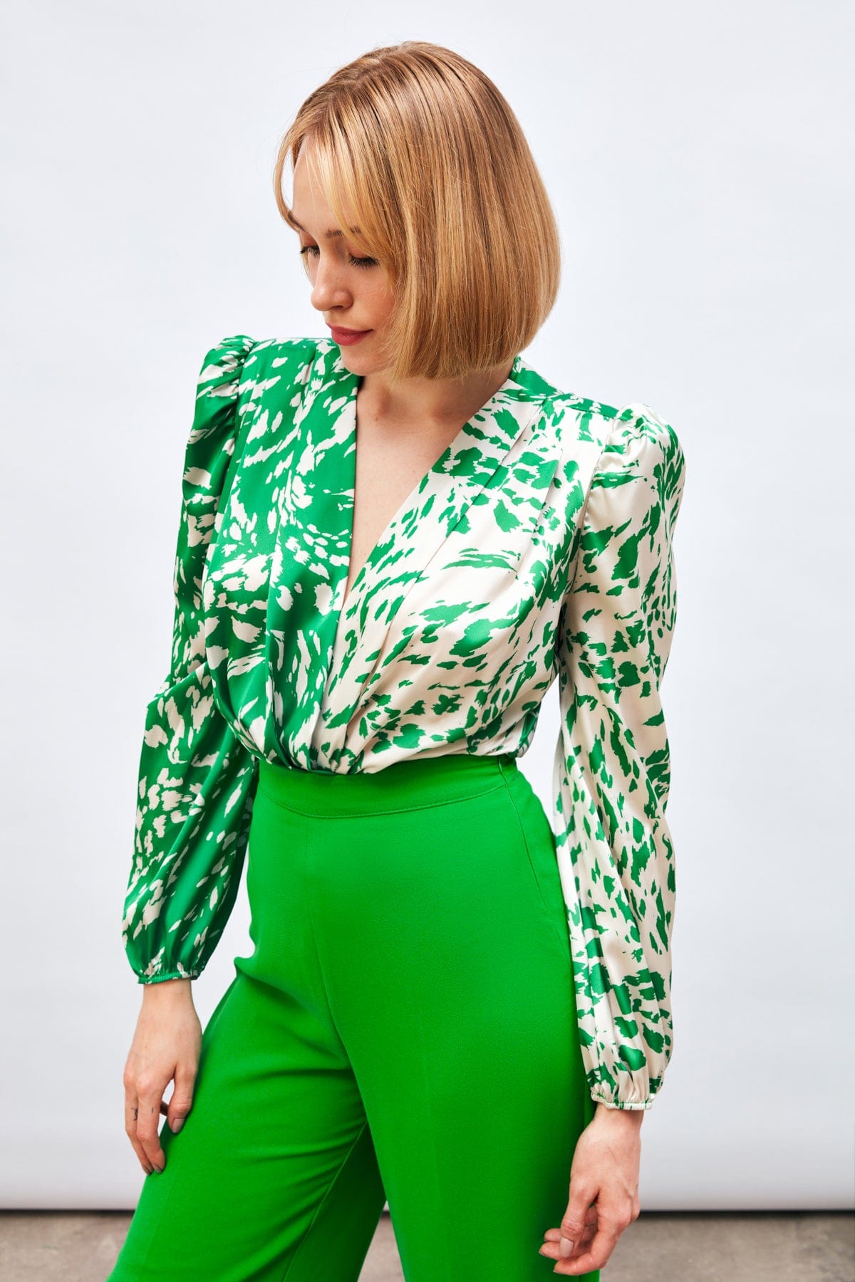 Patterned Double-breasted Bodysuit Blouse Green / XL / 10 ZEFASH
