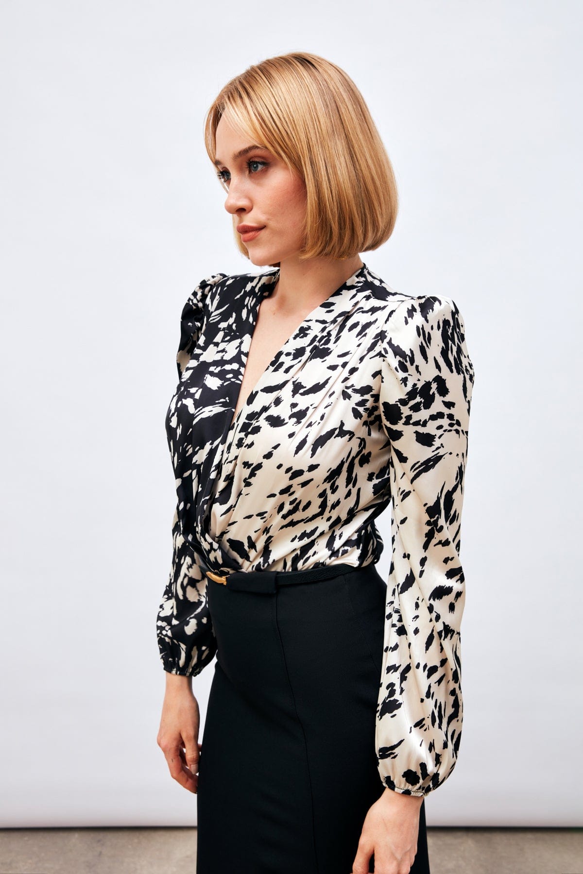 Patterned Double-breasted Bodysuit Blouse ZEFASH