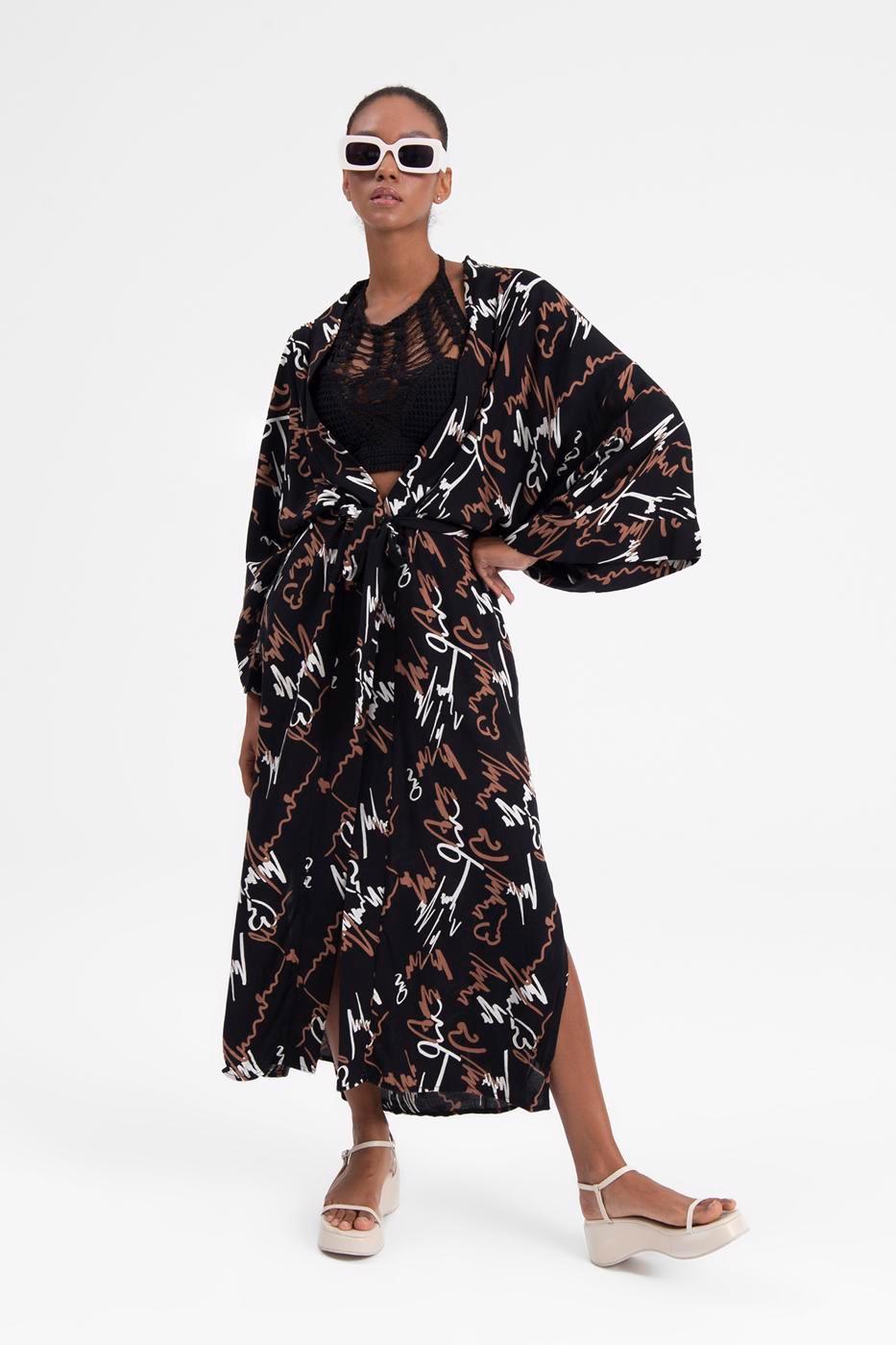 Patterned Kimono Black / One Size ZEFASH