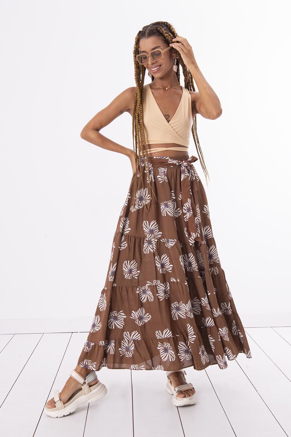 Patterned Long Flared Skirt Brown / XS / 2 ZEFASH