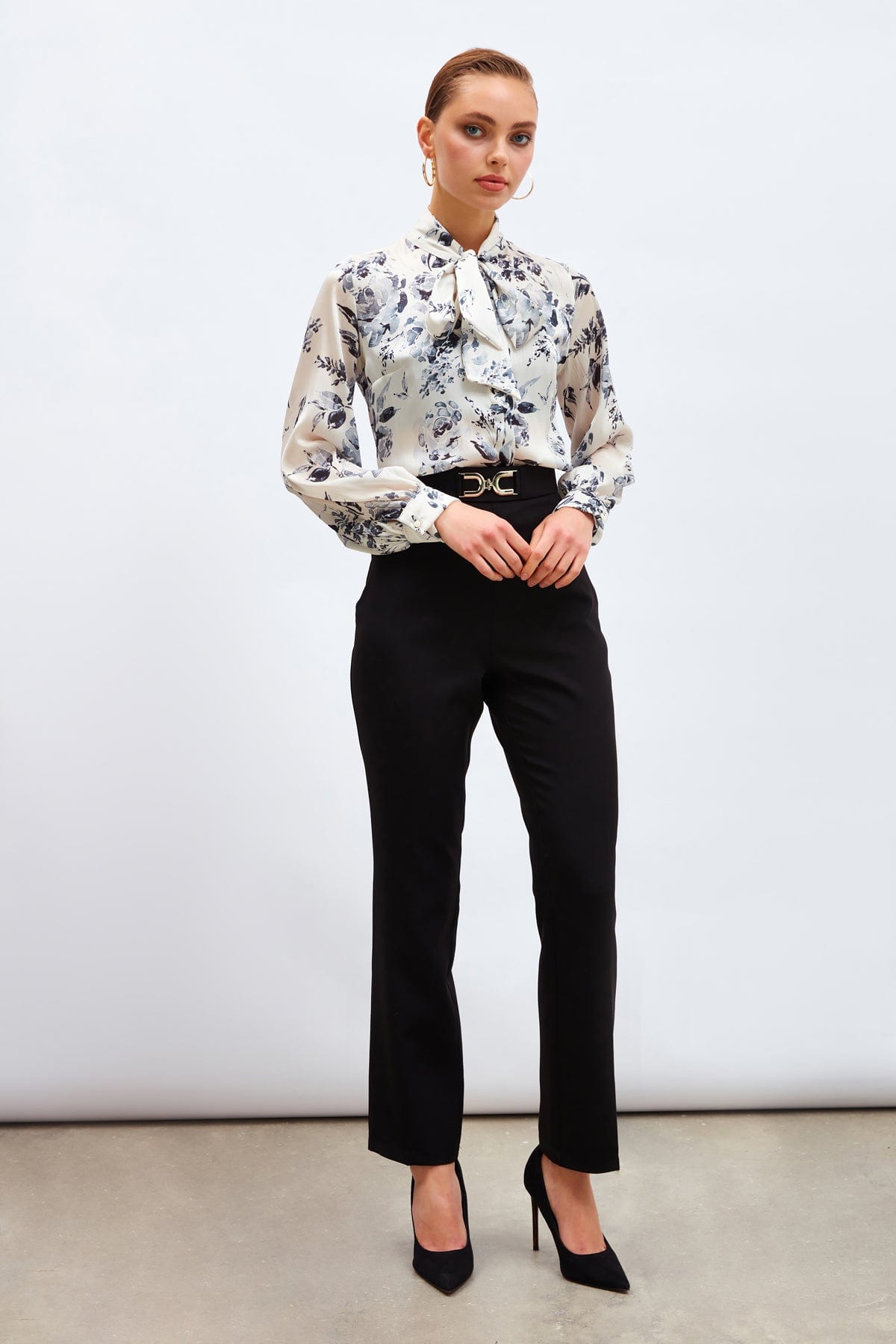 Patterned Shirt With Scarf Collar Black / S / 4 ZEFASH
