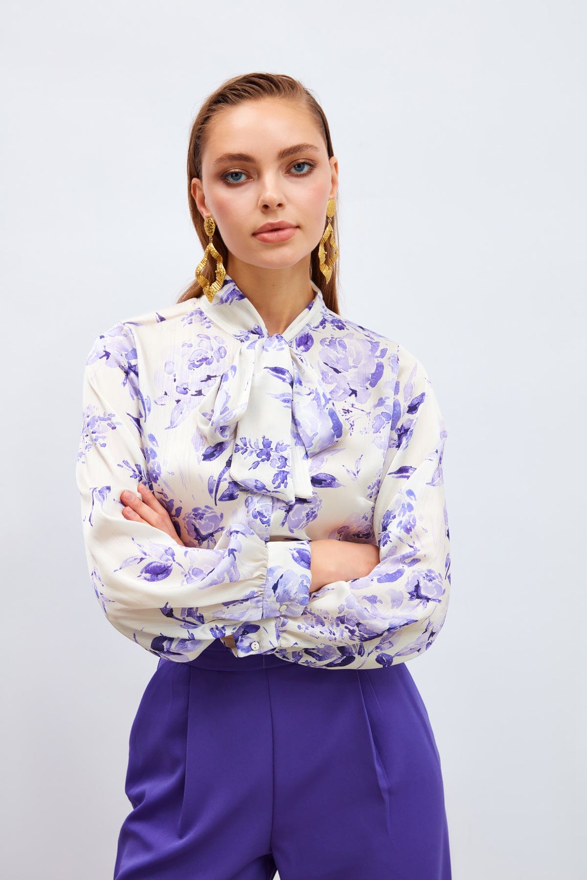 Patterned Shirt With Scarf Collar Purple / S / 4 ZEFASH