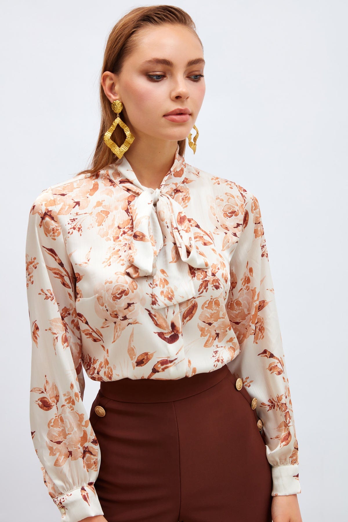 Patterned Shirt With Scarf Collar ZEFASH