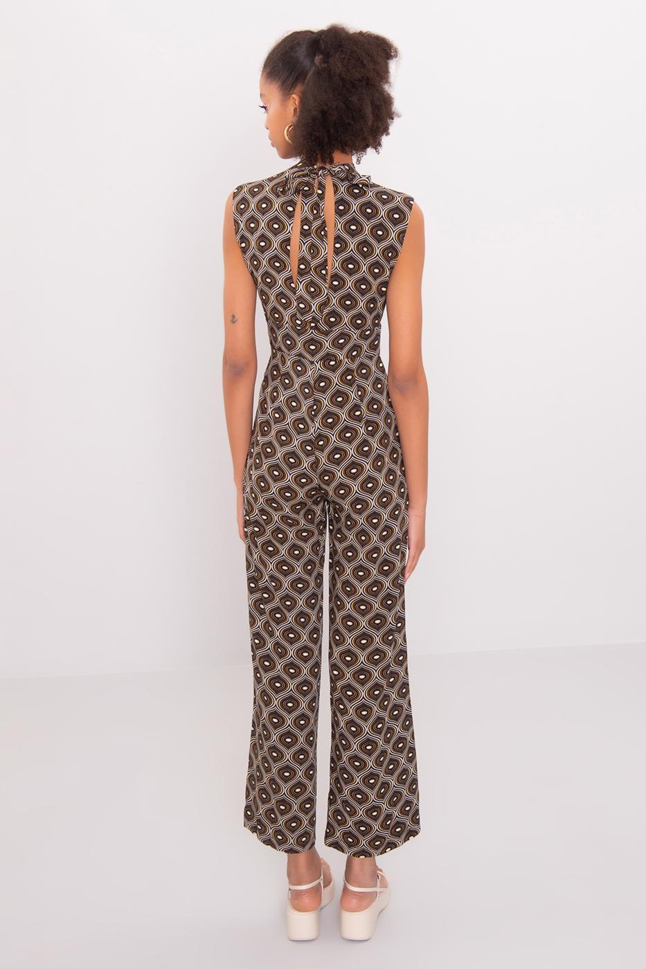 Patterned Stand Collar Sleeveless Jumpsuit ZEFASH