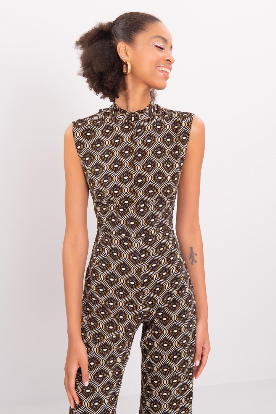 Patterned Stand Collar Sleeveless Jumpsuit ZEFASH