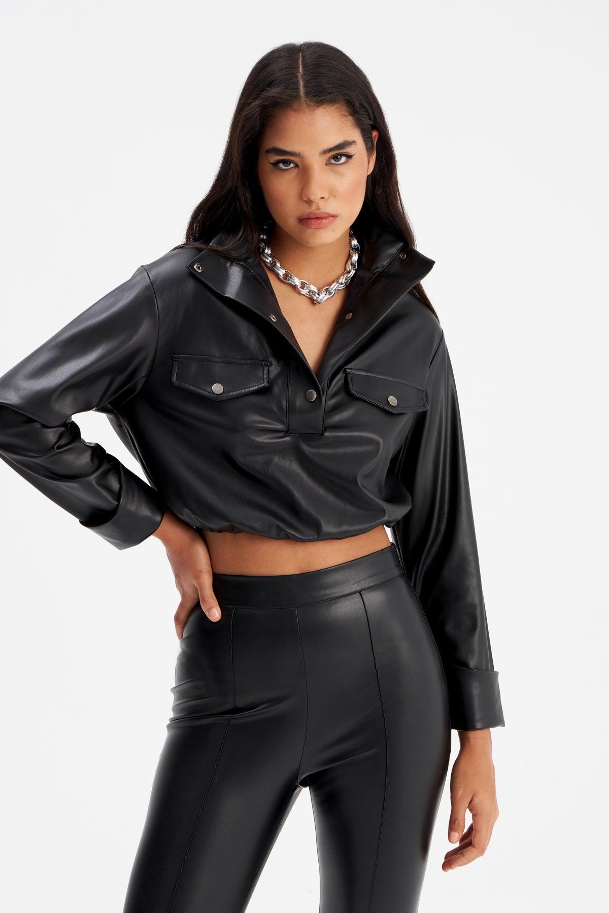 Pleated Leather Blouse ZEFASH