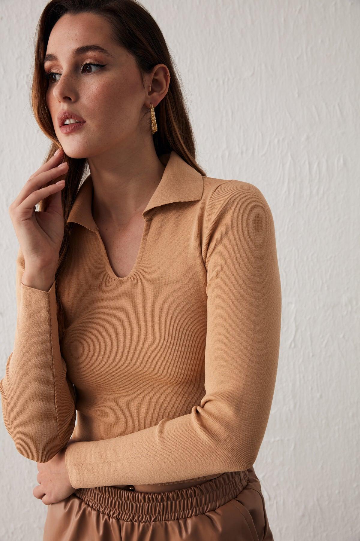 Polo Collar Knitwear Brown / One Size ZEFASH
