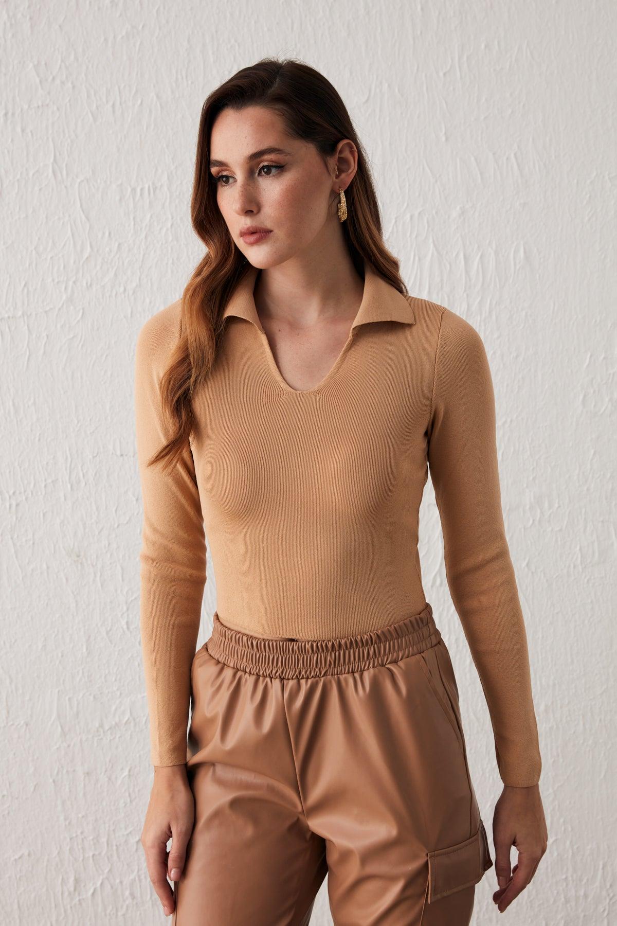 Polo Collar Knitwear Brown / One Size ZEFASH