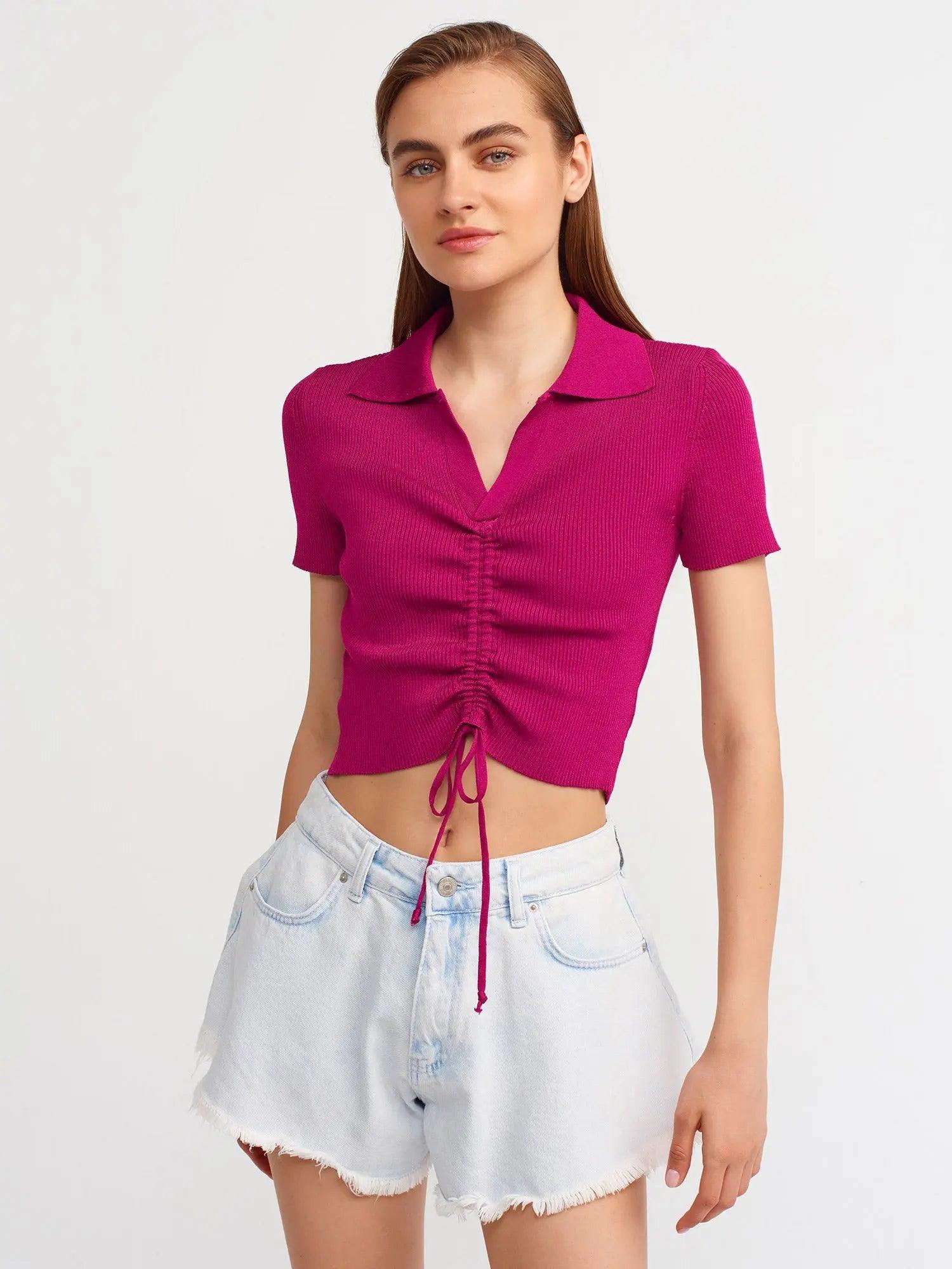 Polo Neck Pleated Front Short Sleeve Crop Top Raspberry / One Size ZEFASH