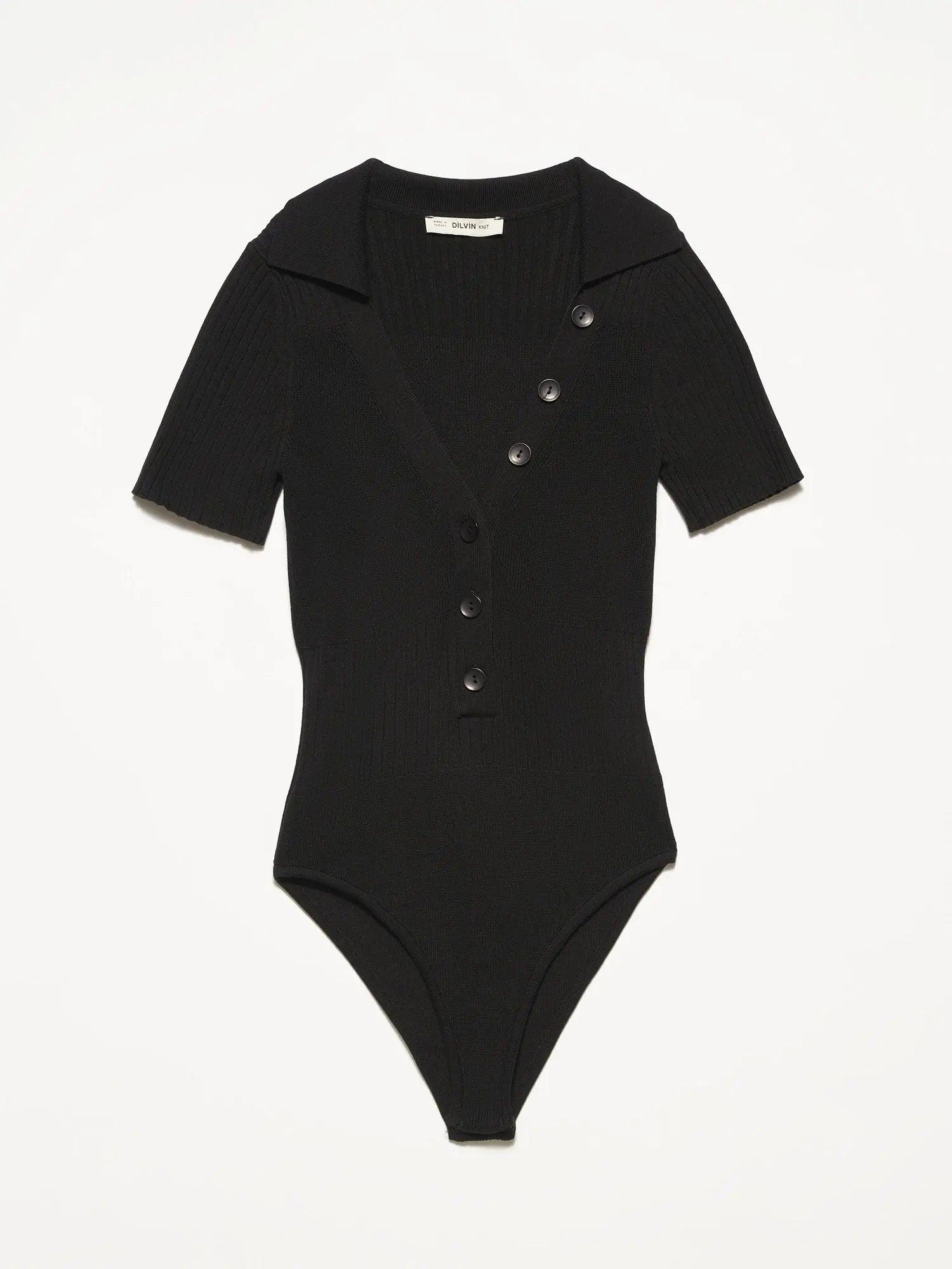 Polo Neck Ribbed Short Sleeve Bodysuit Black / One Size ZEFASH