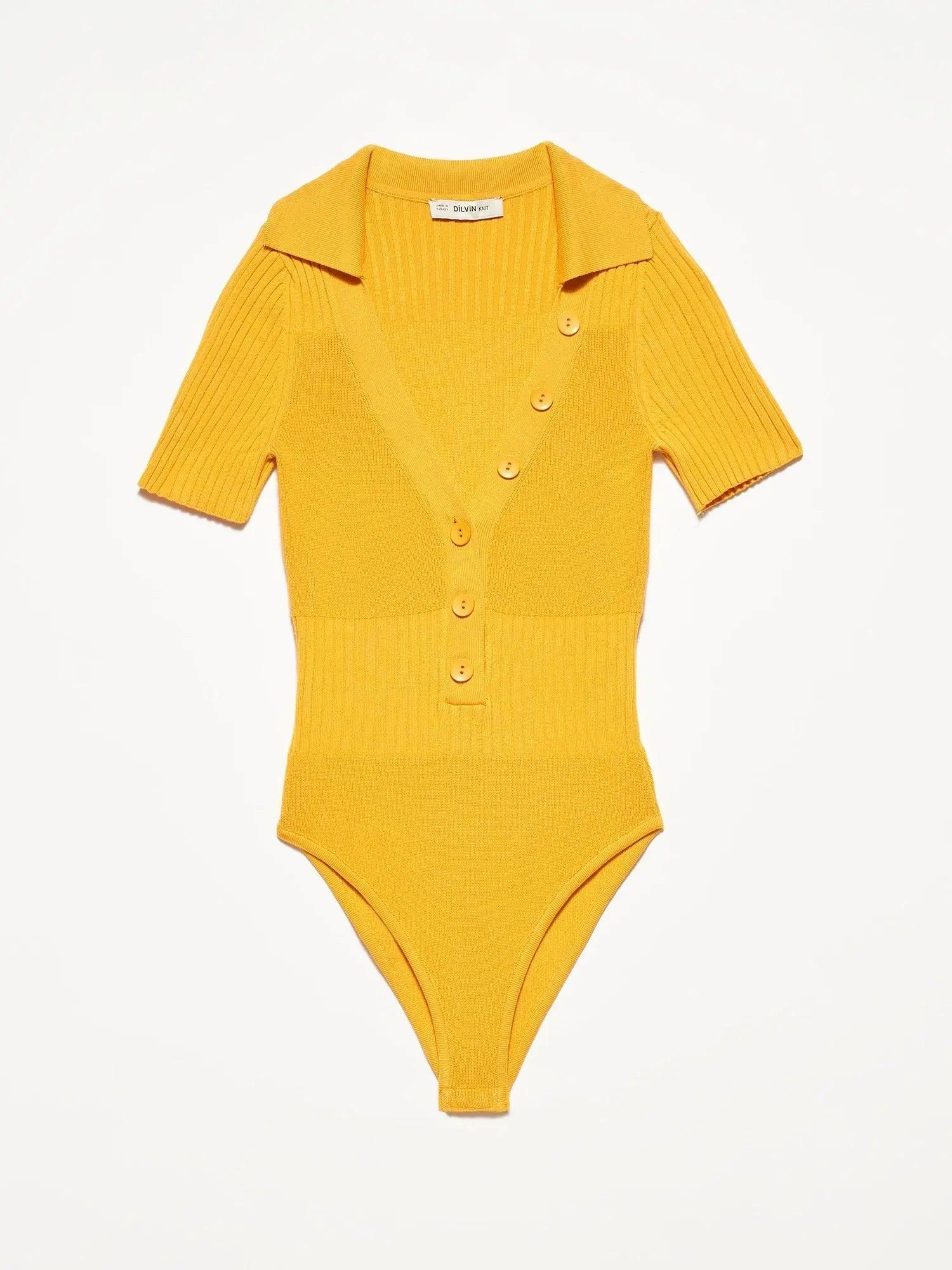 Polo Neck Ribbed Short Sleeve Bodysuit Yellow / One Size ZEFASH