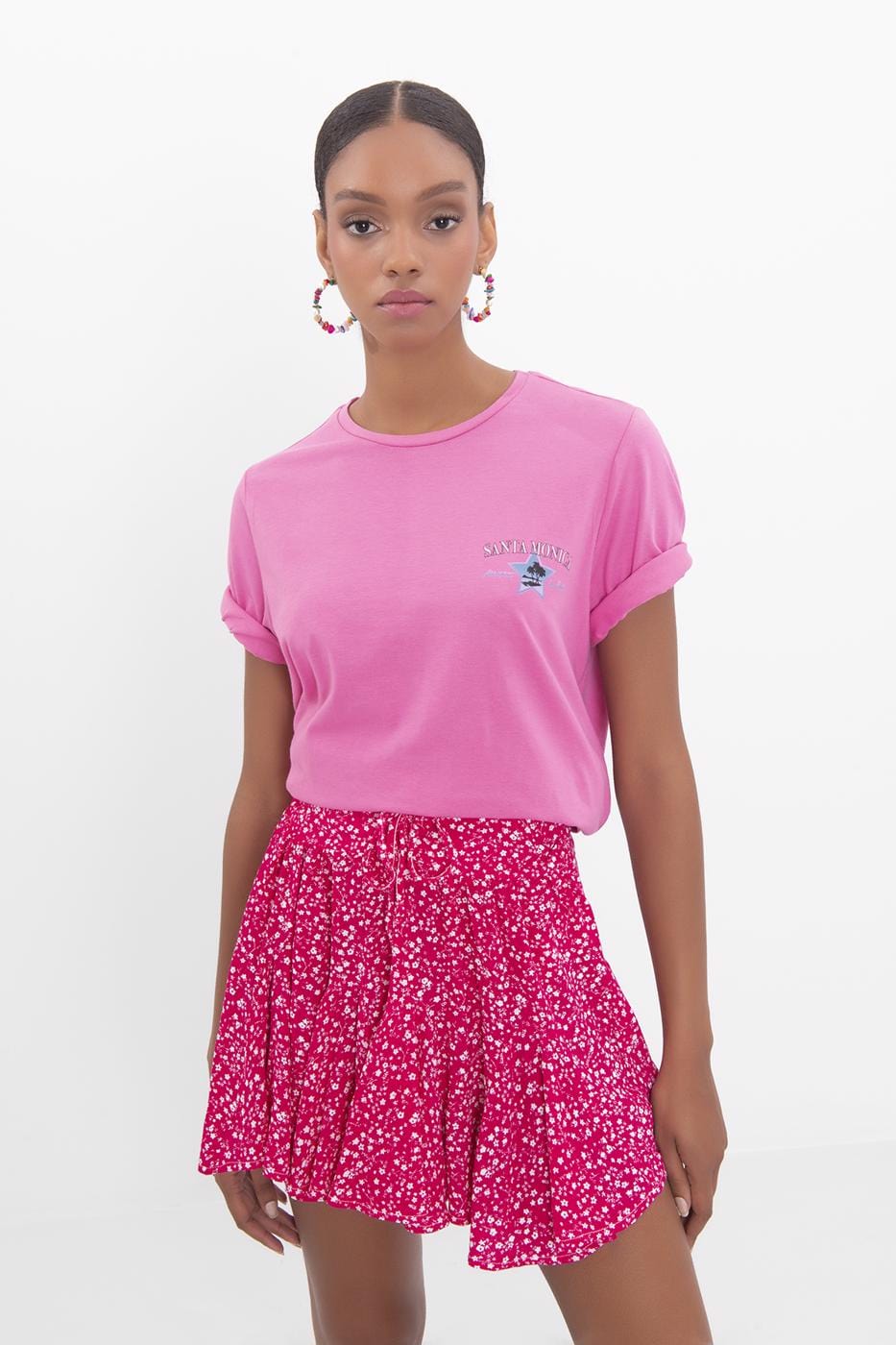 Print Embroidery Detailed Basic T-Shirt Pink / XS / 2 ZEFASH
