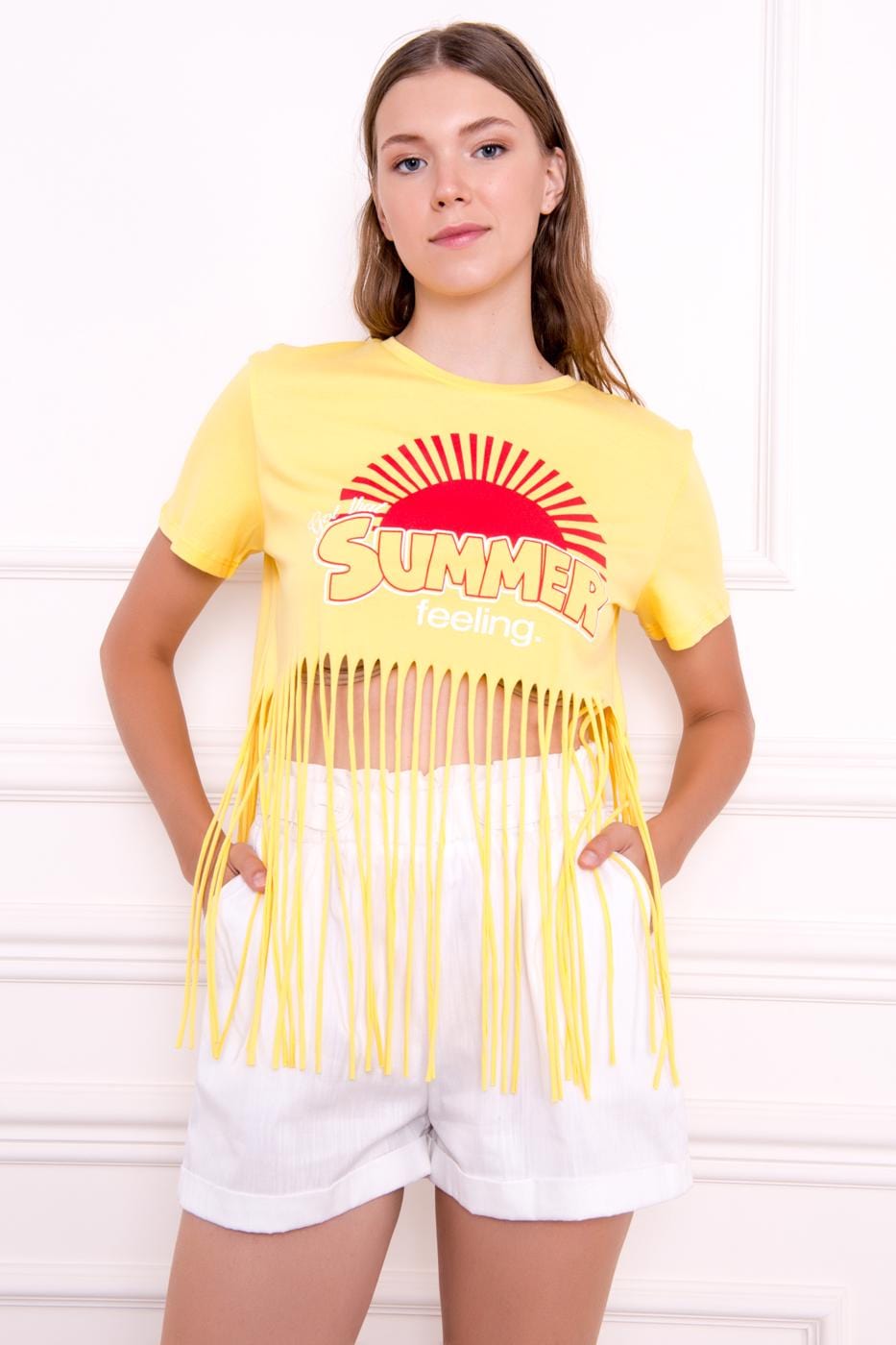 Printed T-Shirt With Cut Tassel Detail On Hem Yellow / XS / 2 ZEFASH
