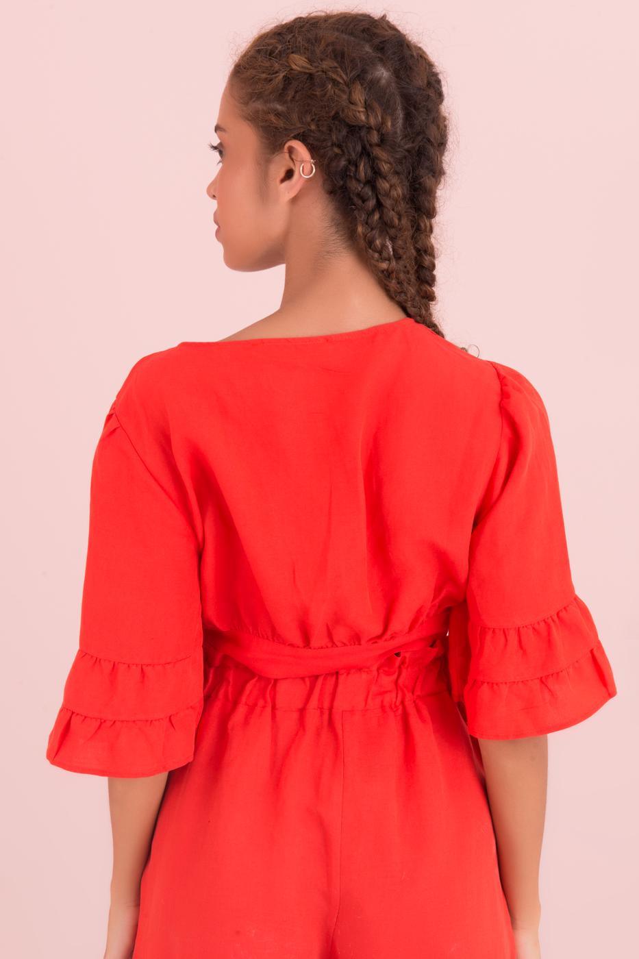 Ruffle Sleeve Detailed Front Tie Blouse ZEFASH