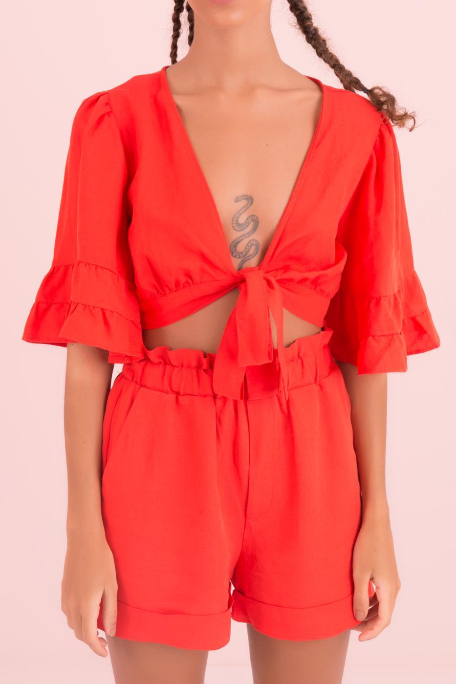Ruffle Sleeve Detailed Front Tie Blouse ZEFASH