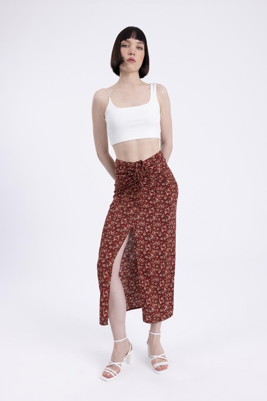 Shirred Midi Skirt With Deep Slits Brown / XS / 2 ZEFASH