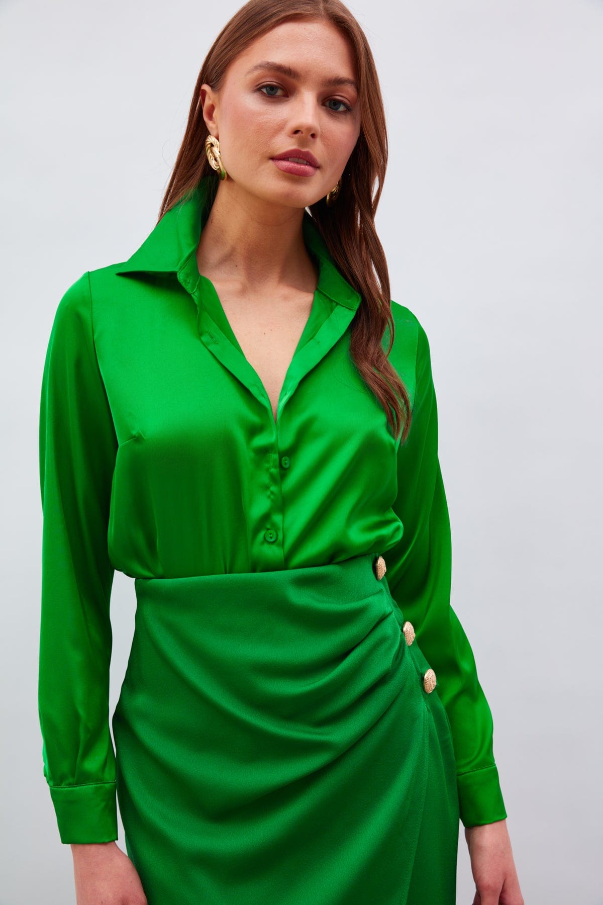 Shirt Collar Satin Bodysuit Blouse Dark Green / S / 4 ZEFASH