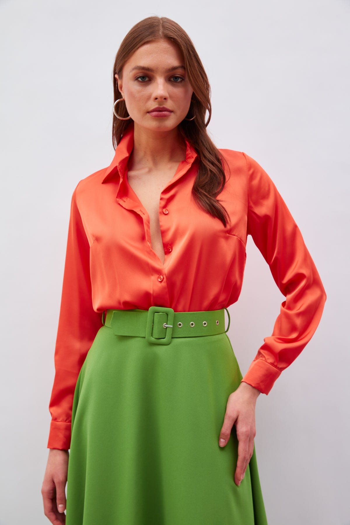 Shirt Collar Satin Bodysuit Blouse Orange / M / 6 ZEFASH
