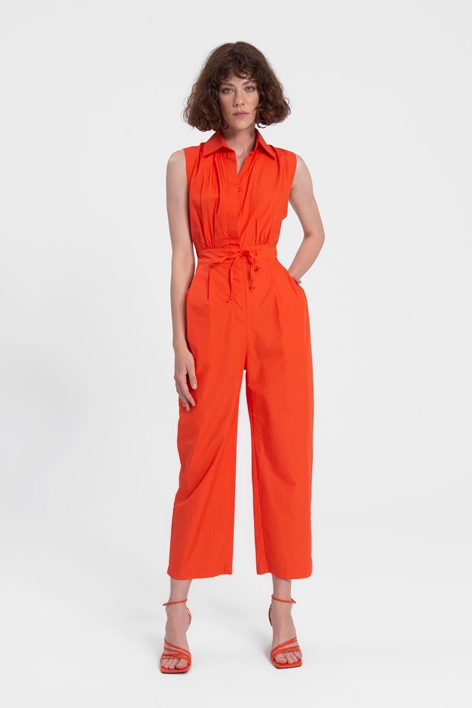 Shirt Collar Sleeveless Jumpsuit Orange / XS / 2 ZEFASH