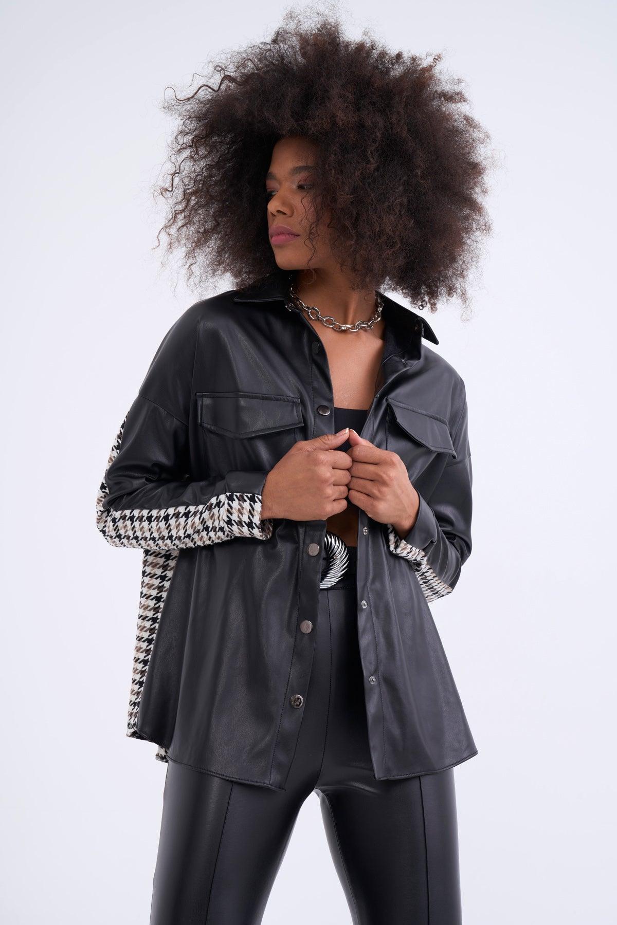 Shirt Jacket With Plaid Leather Detail Black / S / 4 ZEFASH