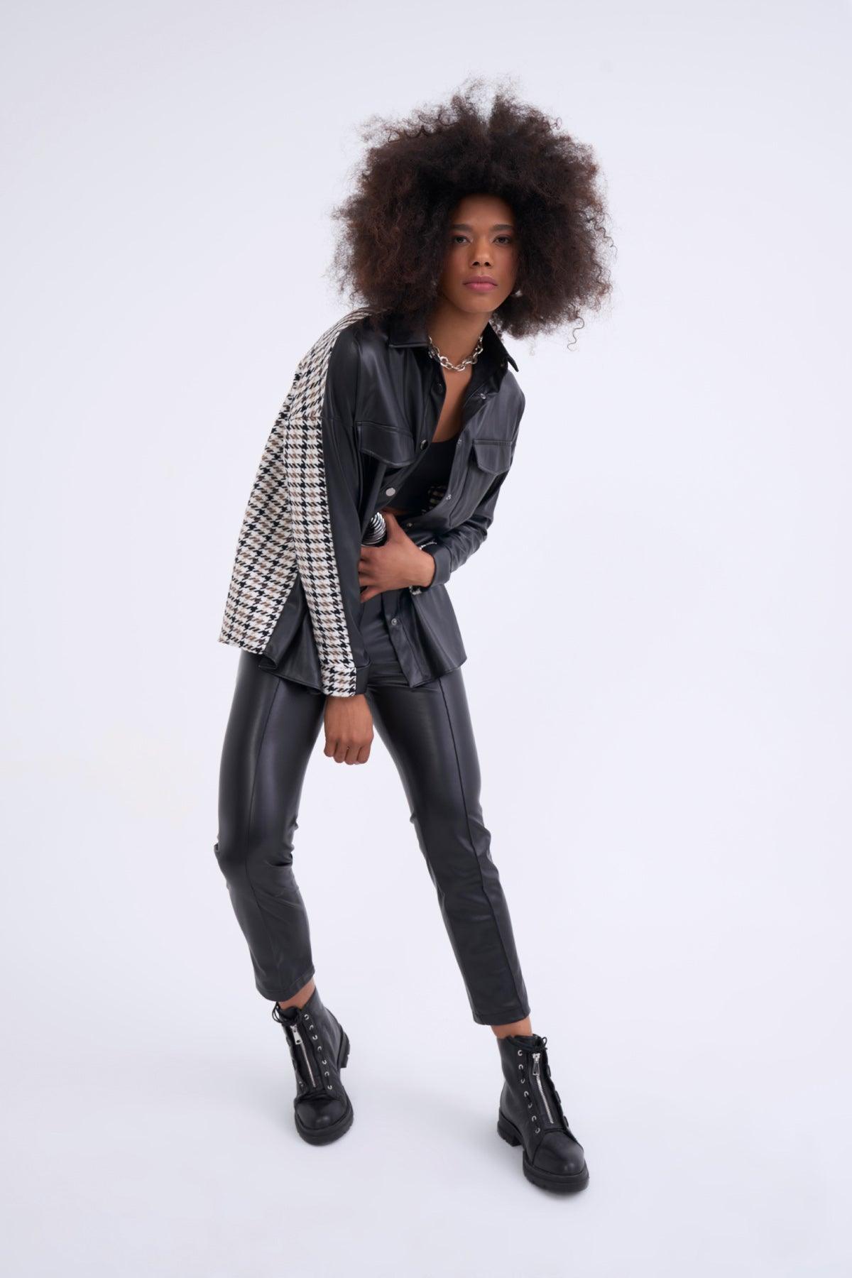 Shirt Jacket With Plaid Leather Detail ZEFASH