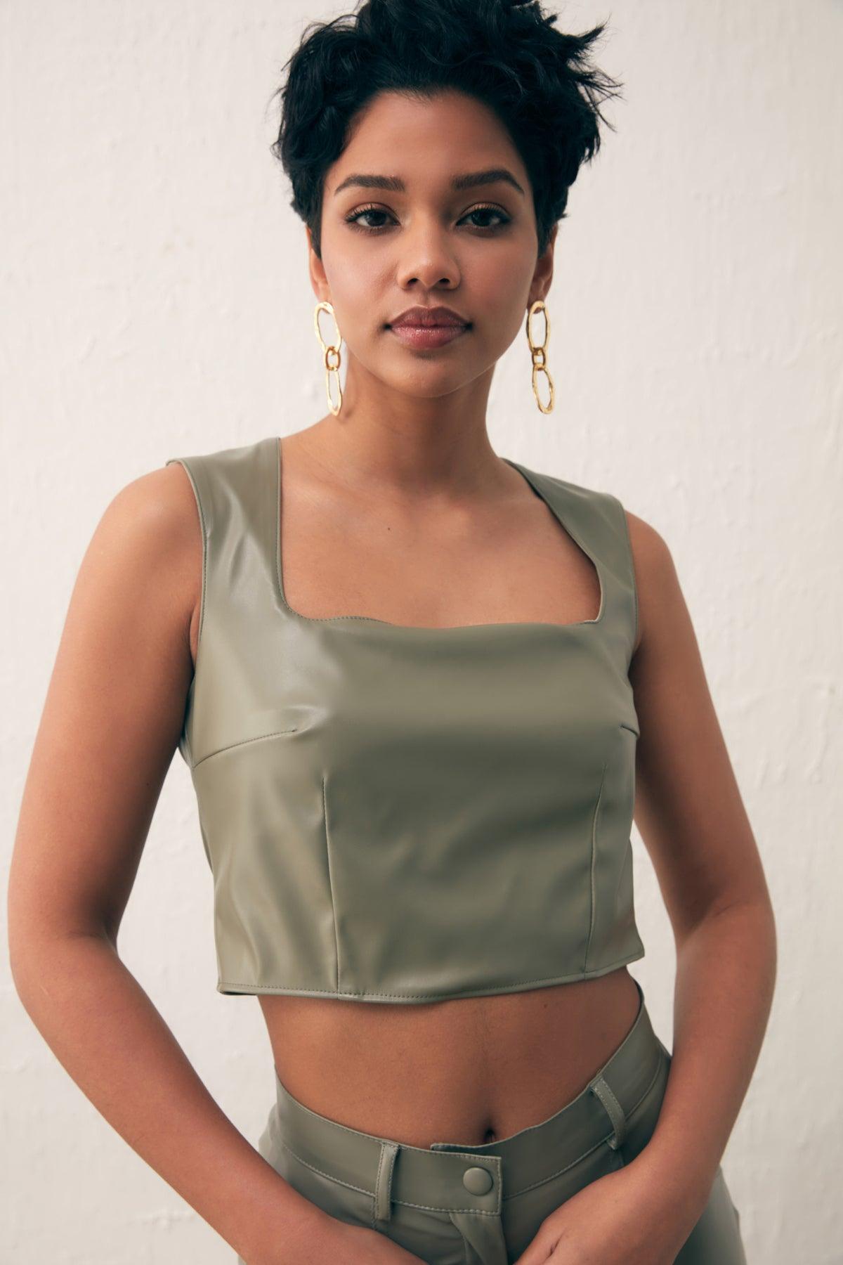 Square Collar Leather Crop Blouse Green / S / 4 ZEFASH