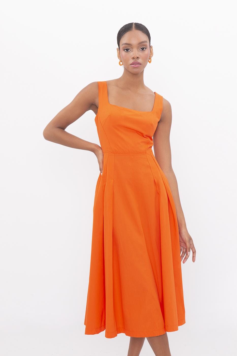 Square Neck Pleated Midi Dress Orange / XS / 2 ZEFASH