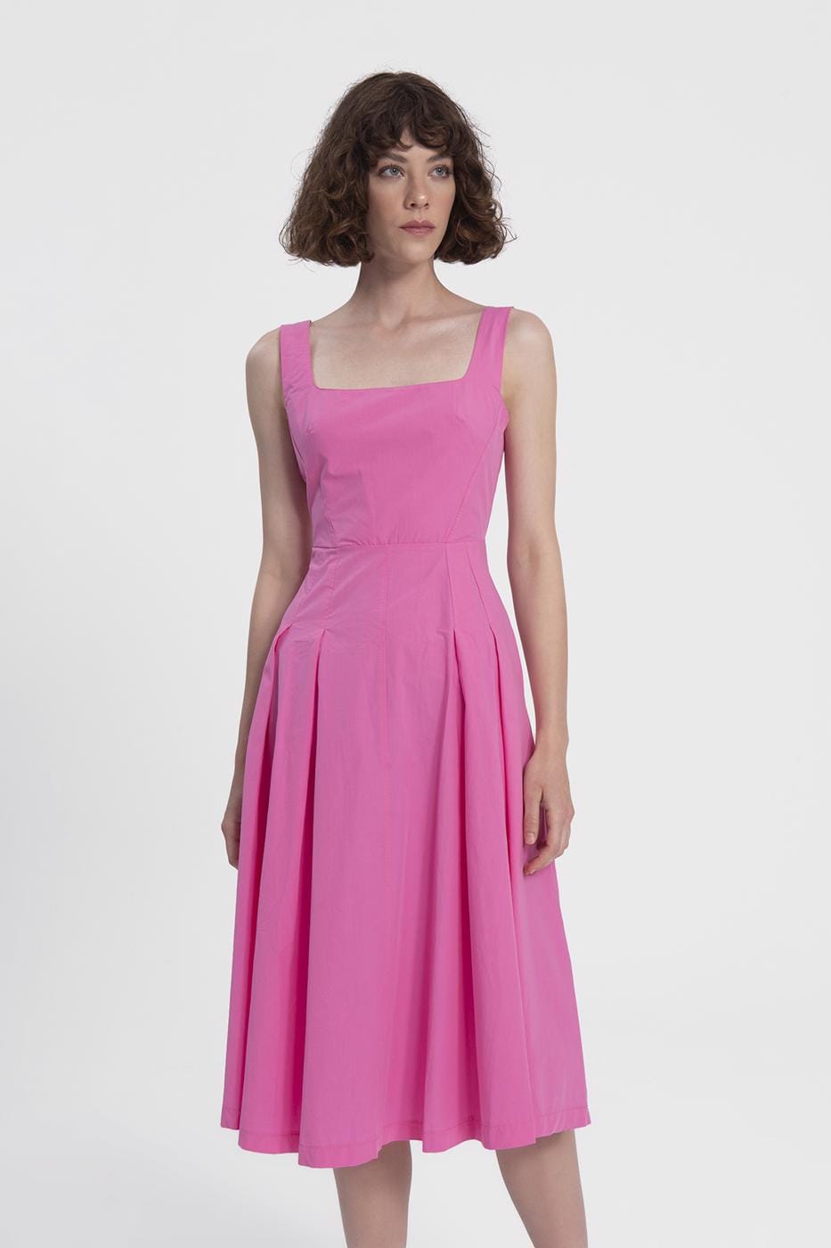 Square Neck Pleated Midi Dress Pink / XS / 2 ZEFASH