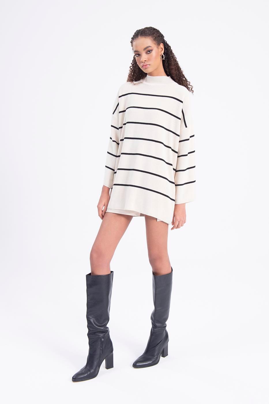 Stand Collar Oversize Striped Knitwear Mini Dress Beige / XS / 2 ZEFASH