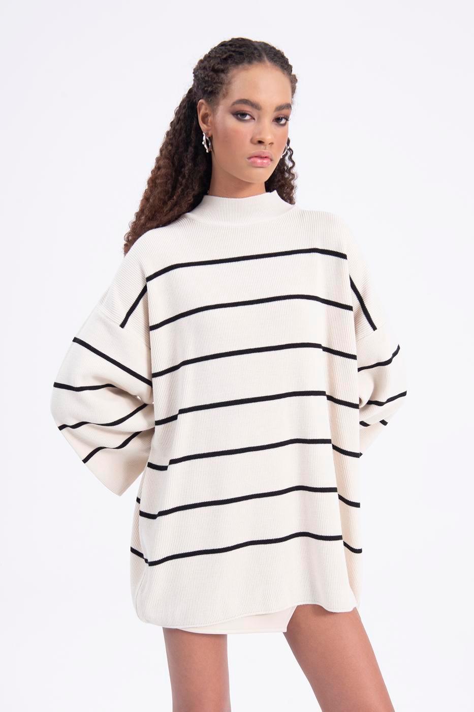 Stand Collar Oversize Striped Knitwear Mini Dress ZEFASH