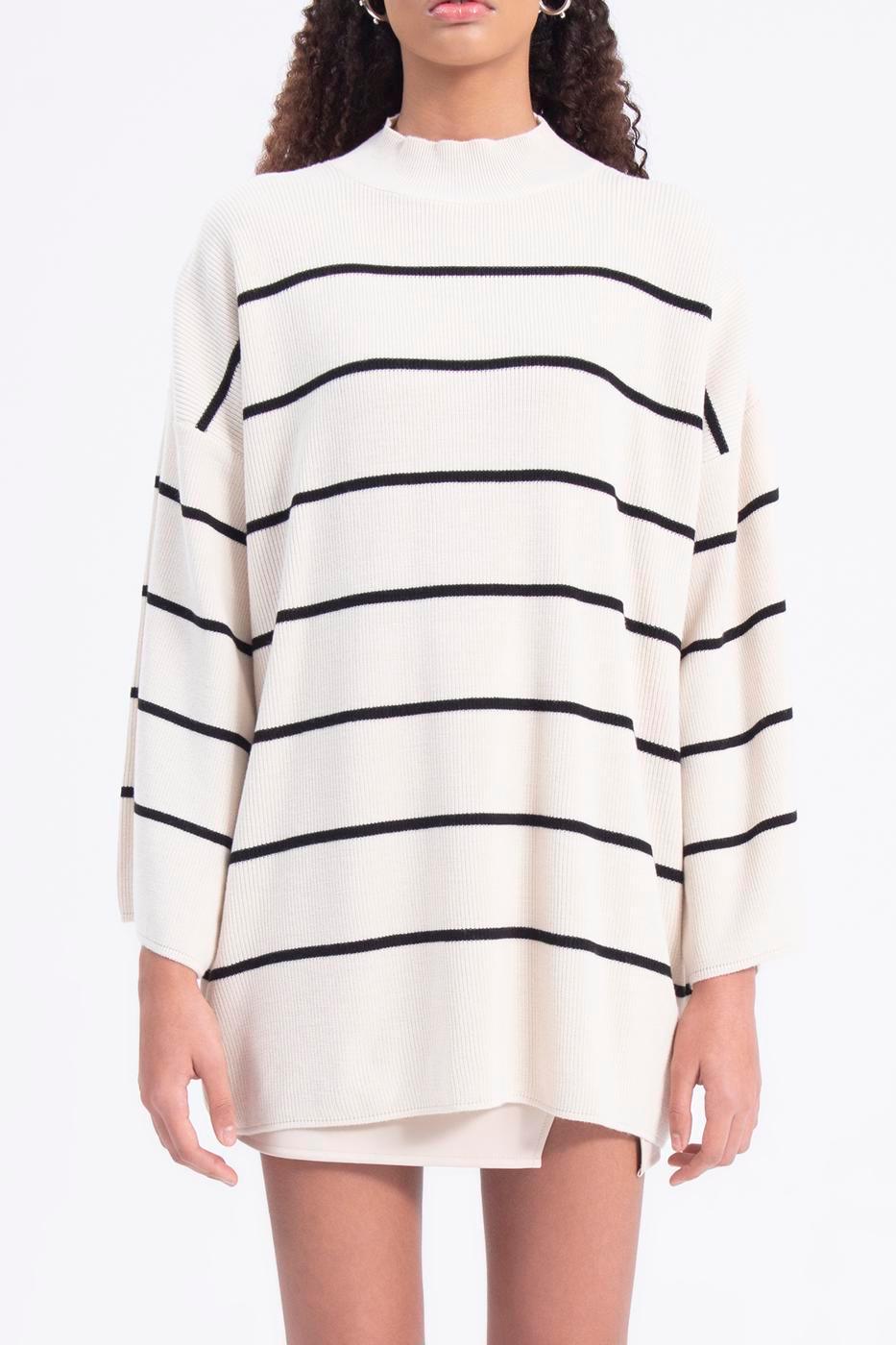 Stand Collar Oversize Striped Knitwear Mini Dress ZEFASH