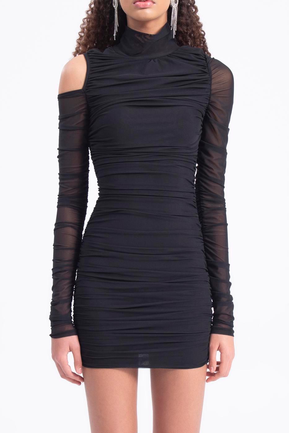 Stand-Up Neck Draped Tulle Dress ZEFASH