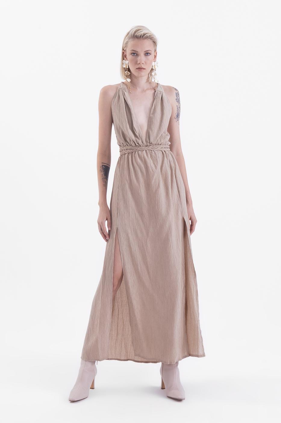 Strappy Midi Dress With Slits Dark Beige / XS / 2 ZEFASH