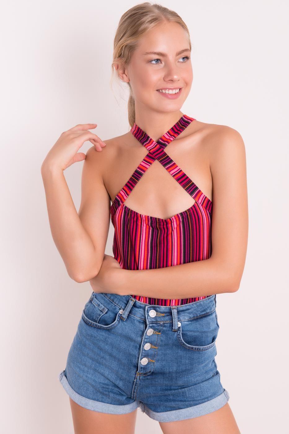 Striped Body With Crossed Ties At The Neck Pink Striped / XS / 2 ZEFASH