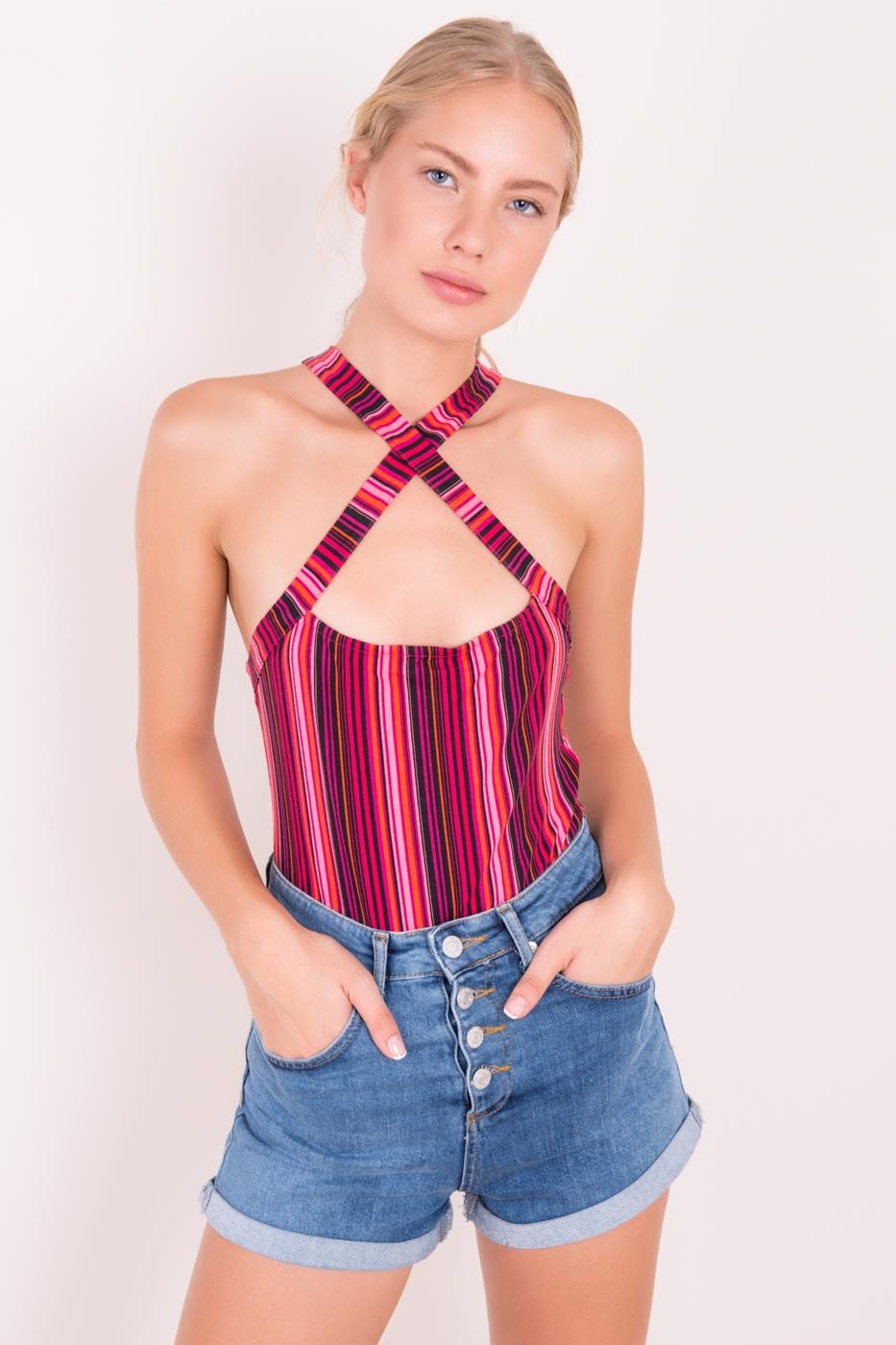 Striped Body With Crossed Ties At The Neck ZEFASH