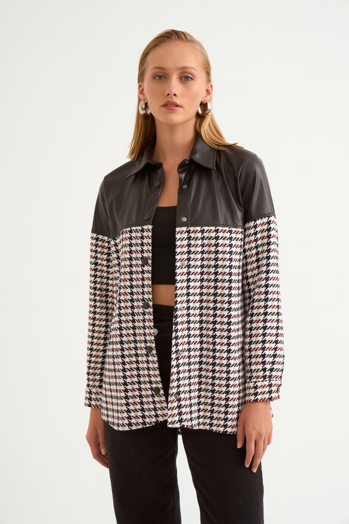 Textured Shirt Jacket With Leather Details ZEFASH