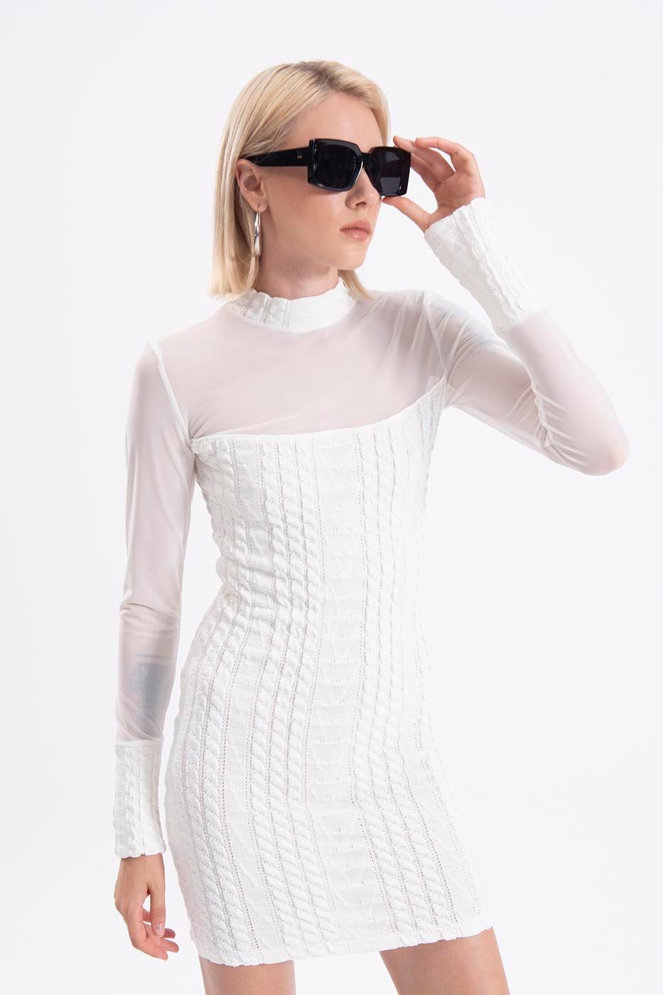 Transparent Detailed Mini Knitwear Dress White / XS / 2 ZEFASH
