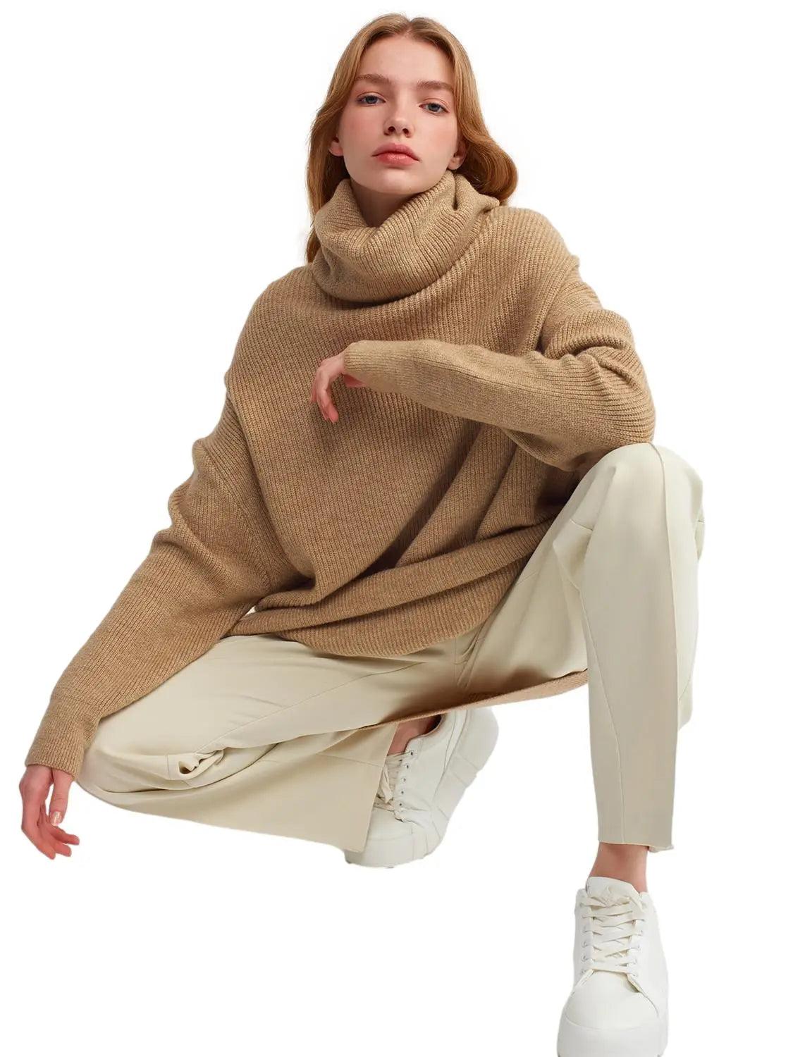 Turtleneck Wide Sweater Camel / One Size ZEFASH