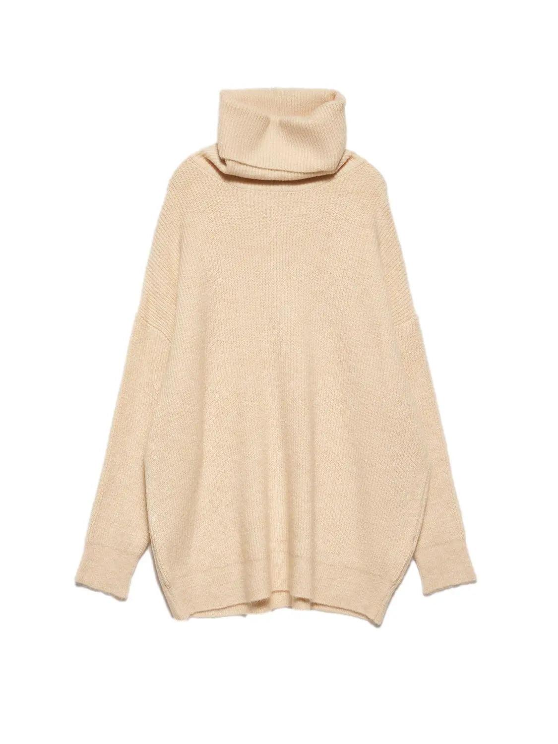 Turtleneck Wide Sweater Light Beige / One Size ZEFASH