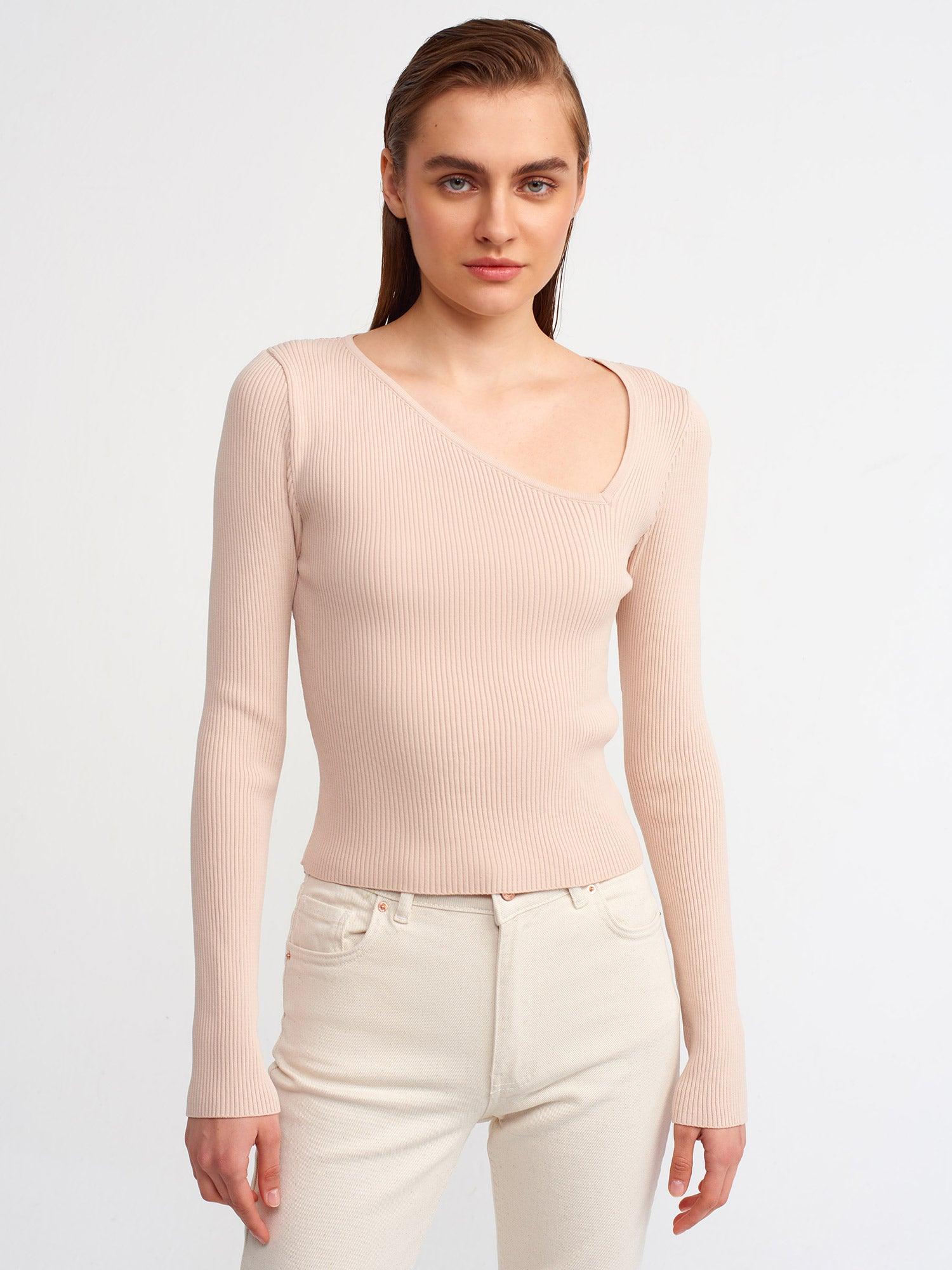 V-Neck Asymmetrical Sweater Beige / One Size ZEFASH