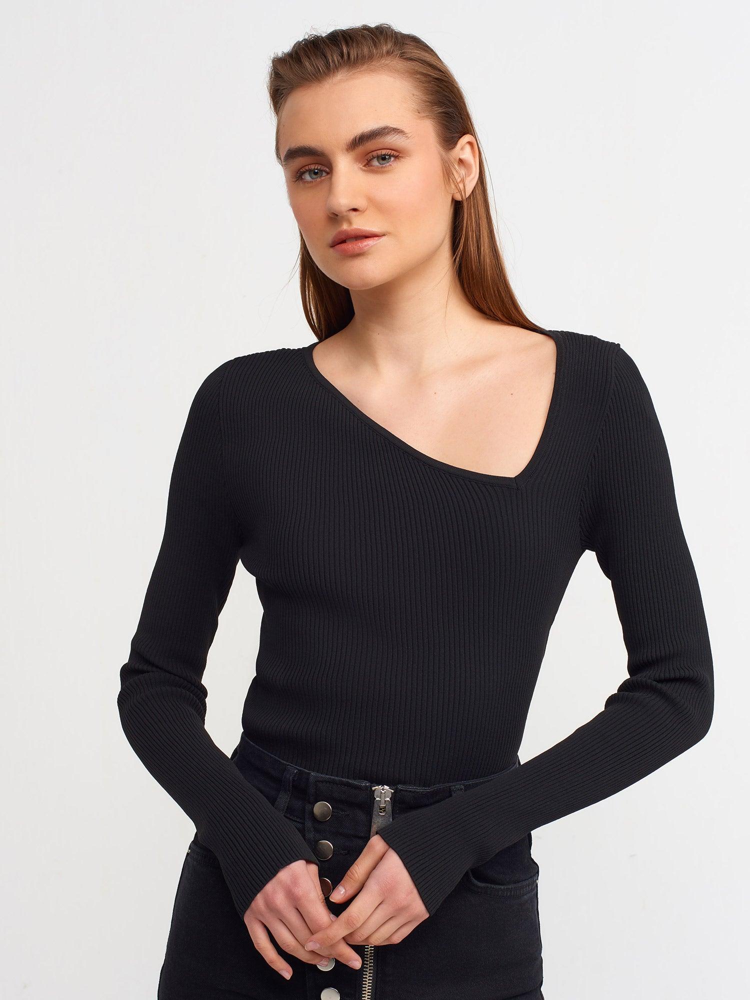 V-Neck Asymmetrical Sweater Black / One Size ZEFASH