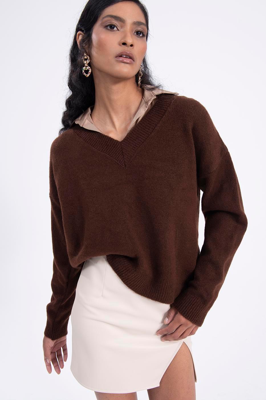 V-Neck Basic Sweater Brown / XS / 2 ZEFASH