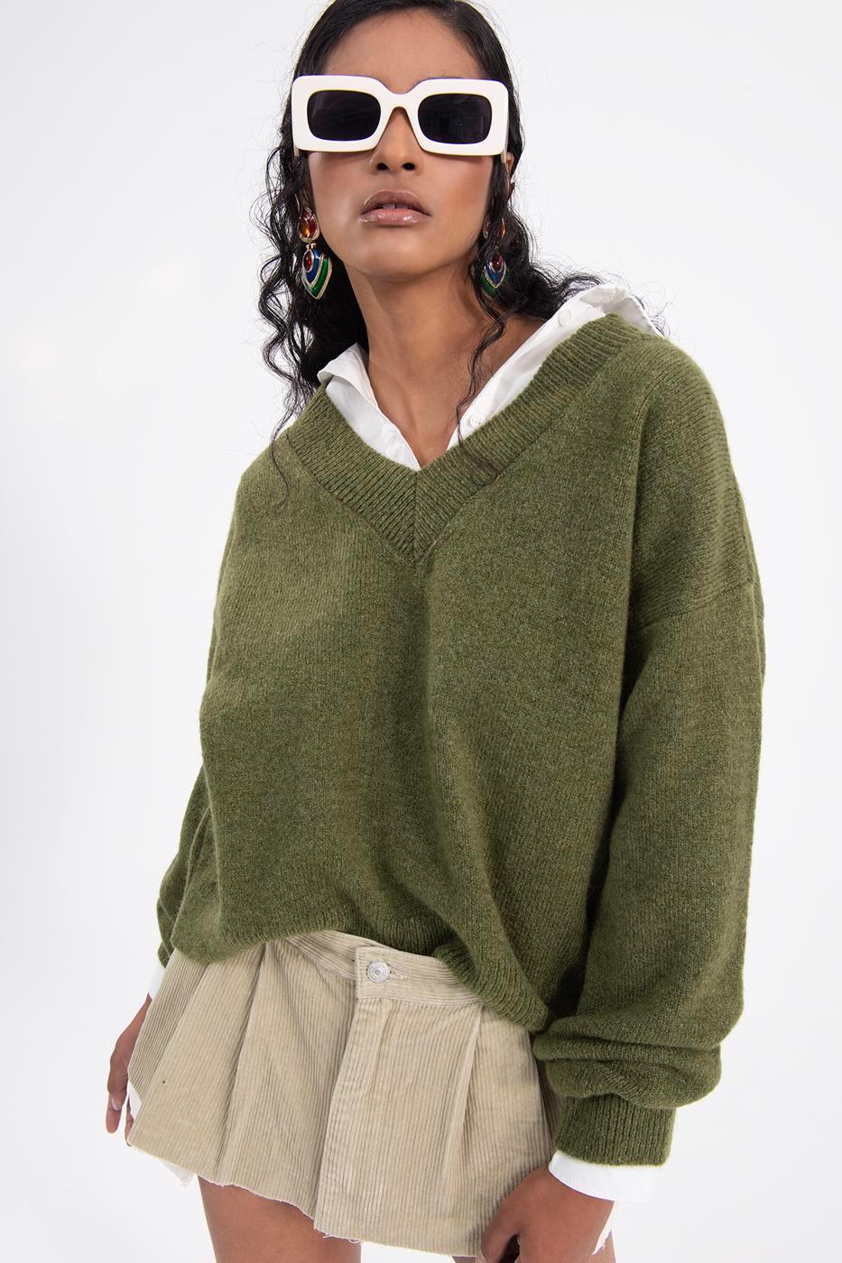 V-Neck Basic Sweater Khaki / XS / 2 ZEFASH