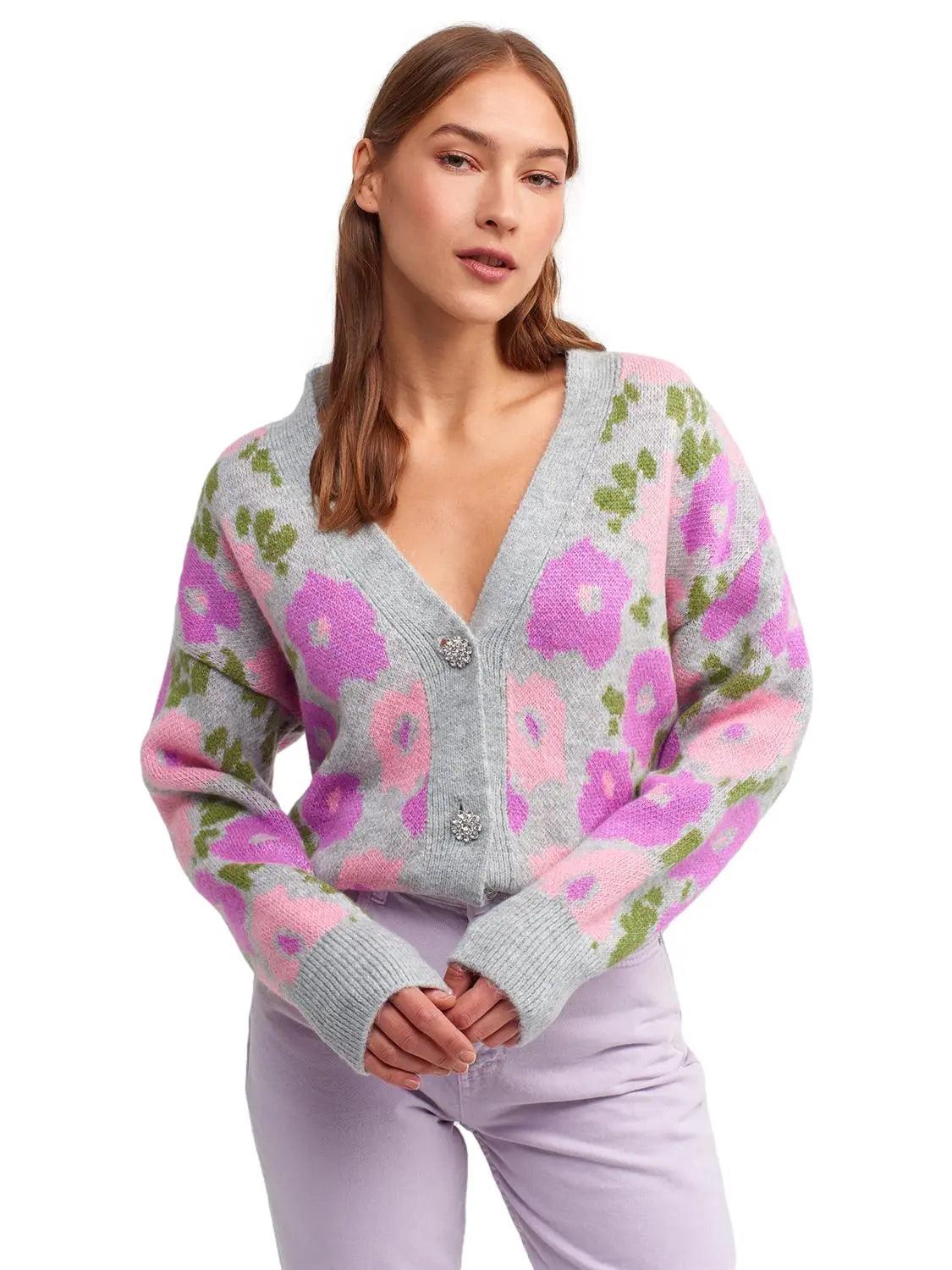 V-Neck Floral Patterned Sweater Cardigan Grey / One Size ZEFASH