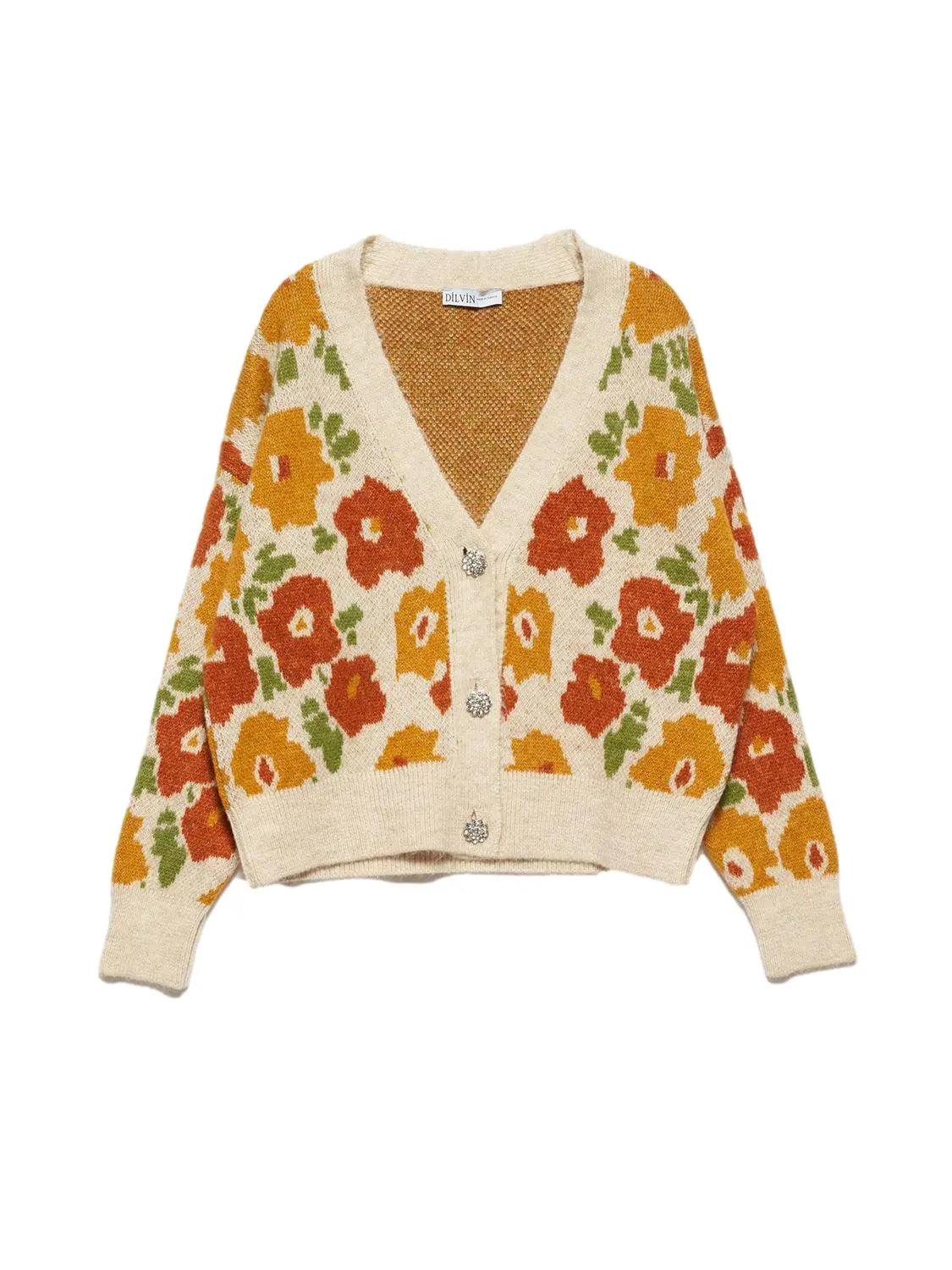 V-Neck Floral Patterned Sweater Cardigan Mustard / One Size ZEFASH