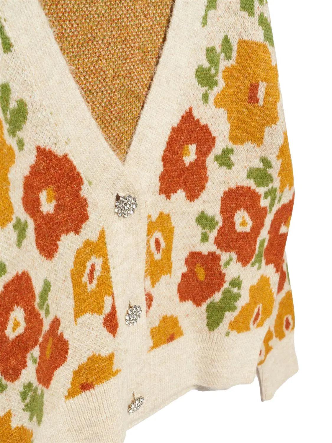 V-Neck Floral Patterned Sweater Cardigan ZEFASH
